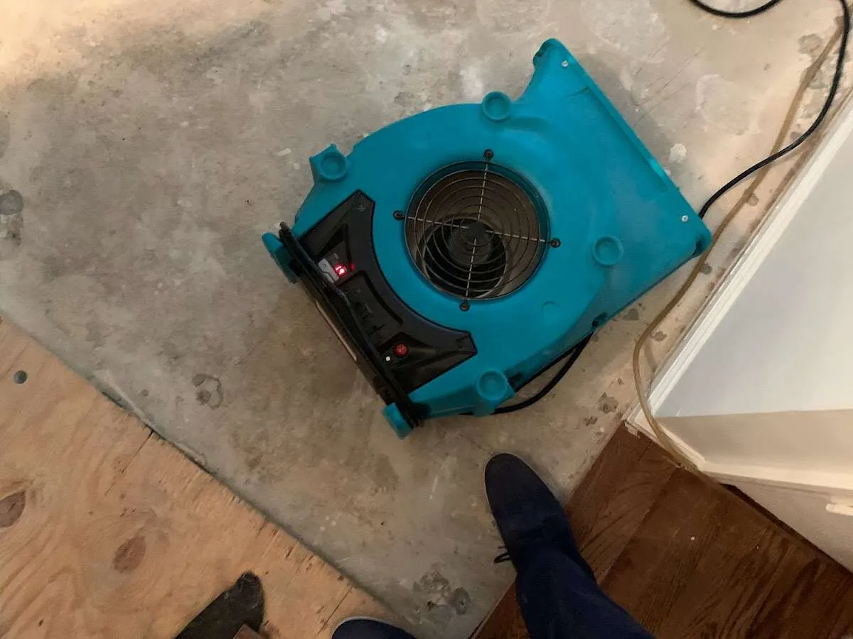 Air mover drying subfloor during Commercial Water Damage Restoration in Union